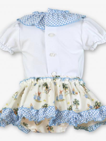 Miranda Conjunto Bebe Camiseta Blanca Volante Cuadro Vichy Azul Braguita Sobrefalda Conejitos 0025/23 [1]