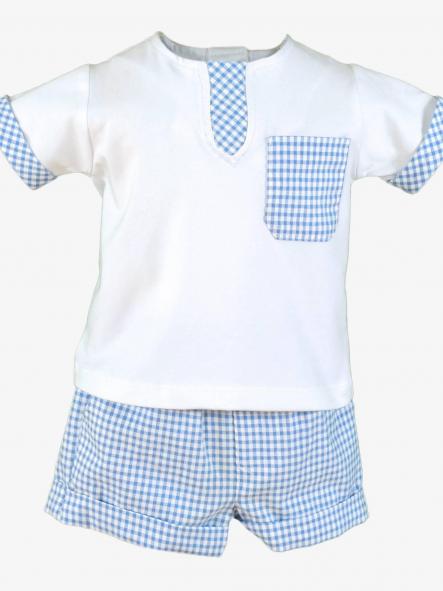 Miranda Conjunto Bebe Niño Camiseta m/c Blanco Pantalon Corto Cuadro Vichy Azul 0026/23 [1]