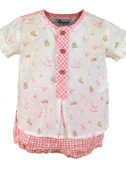Miranda Conjunto Bebe Niño Camisa Plumeti m/c Estampado Pantalón Corto Cuadro Vichy rosa 0049/23 [3]