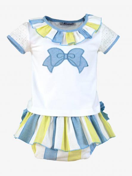Miranda Conjunto Bebe Camiseta Blanca Serigrafia Lazo Braguita con Sobrefalda Rayas 0138/23 [2]