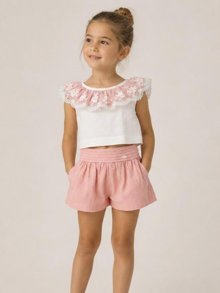 Miranda Conjunto Infantil Top Volante Encaje Short Rosa "Gladiolo" 0230/23 [0]