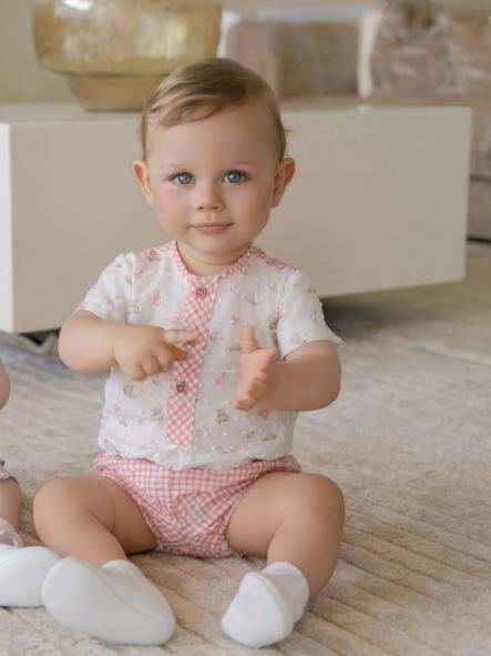 Miranda Conjunto Bebe Niño Camisa Plumeti m/c Estampado Pantalón Corto Cuadro Vichy rosa 0049/23 [0]