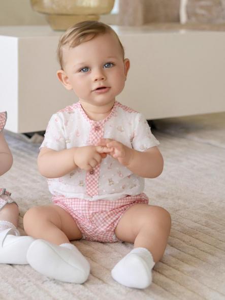 Miranda Conjunto Bebe Niño Camisa Plumeti m/c Estampado Pantalón Corto Cuadro Vichy rosa 0049/23 [1]