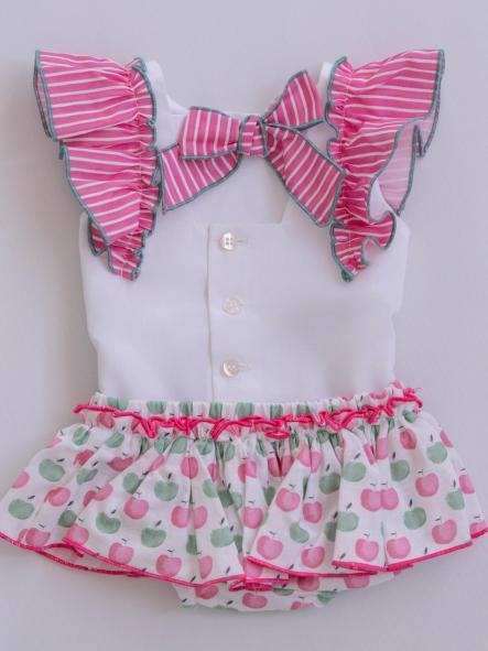 Miranda Conjunto Bebe Camiseta Blanca Volantes Braguita con Sobrefalda Estampado Manzanas 0032/23 [1]