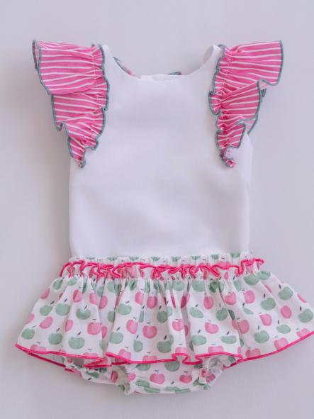 Miranda Conjunto Bebe Camiseta Blanca Volantes Braguita con Sobrefalda Estampado Manzanas 0032/23 [0]