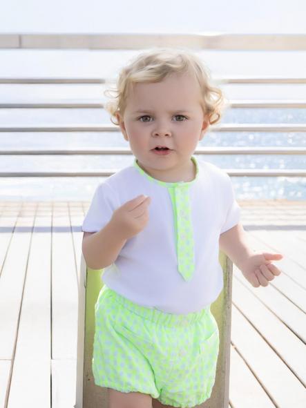 Miranda Conjunto Bebe Niño Camiseta m/c Blanco Pantalon Corto Cuadro Vichy Fluor "Bugandilla" 0515/23 [0]