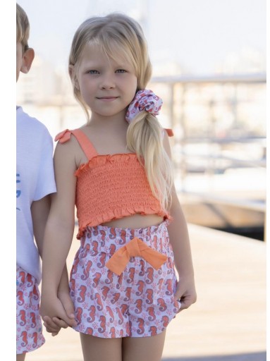 Miranda Conjunto Infantil Niña Top Tirantes Naranja Short Estampado Caballitos de Mar "Clavelina" 0807/23 [0]