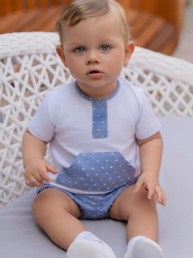 Miranda Conjunto Bebe Niño Camiseta m/c Bolsillo Canguro Pantalón Corto Plumeti Azul 0043/23 [0]