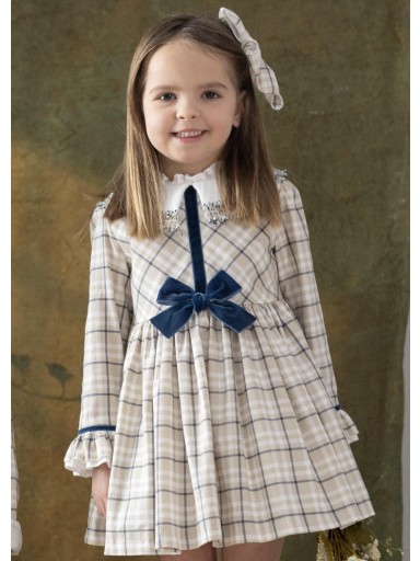 Basmarti Vestido Infantil Evasé Cuadros Lazada Terciopelo Azul 26571
