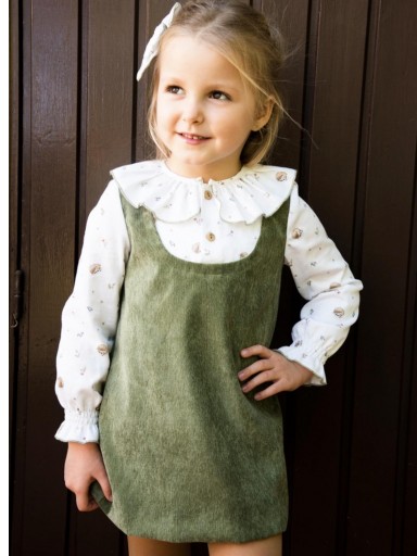 Daniesty Vestido Infantil Corte Evasé Verde Mangas Camisa 004