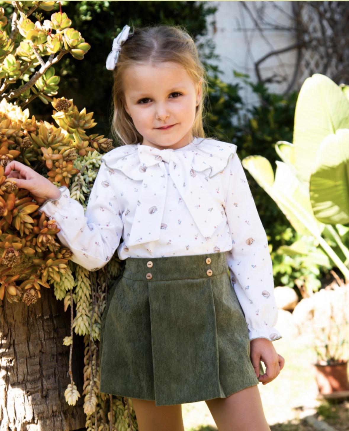 Daniesty Conjunto Infantil Camisa Blanca Estampada Falda Tablas Verde 010