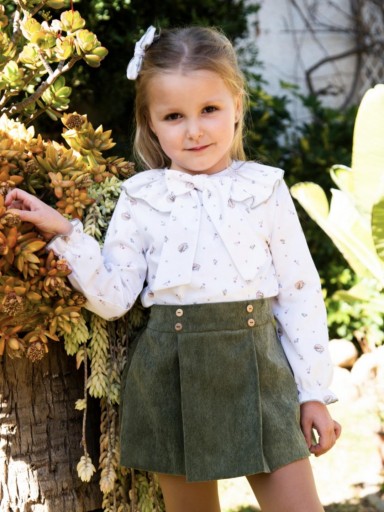 Daniesty Conjunto Infantil Camisa Blanca Estampada Falda Tablas Verde 010