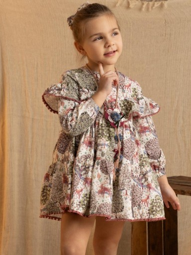 Basmarti Vestido Infantil Evasé Estampado Bosque Volante Hombros Raymoneda 24690