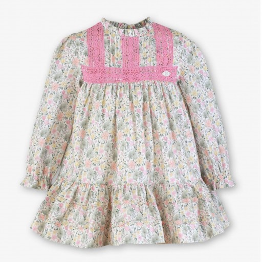 Miranda Vestido Infantil Estampado Flores Rosa y Verde Tiras Puntilla Rosa "Tinker Bell" 0248/V [1]
