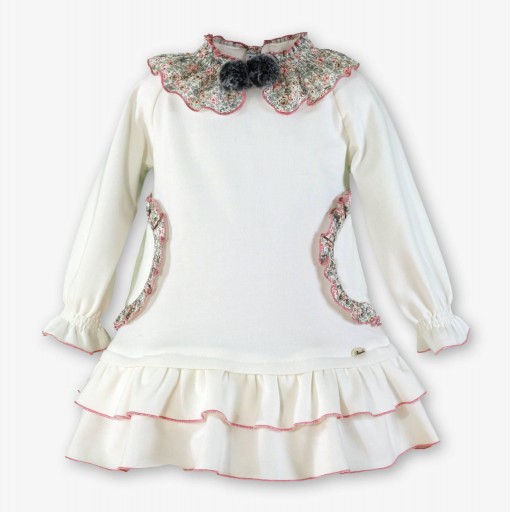 Miranda Vestido Infantil  Beig Falda Volantes Cuello Estampado Flores Rosa y Gris Pompones "Kida" 0612/V [1]