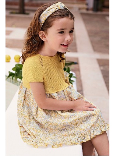 Juliana Vistiendo Bebés vestido manga corta cuerpo punto amarillo falda estampada flores lazada 25115