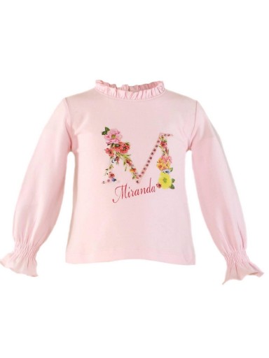 Miranda Camiseta Infantil Rosa Aplicación Flores Strass Fruncido 0632/2