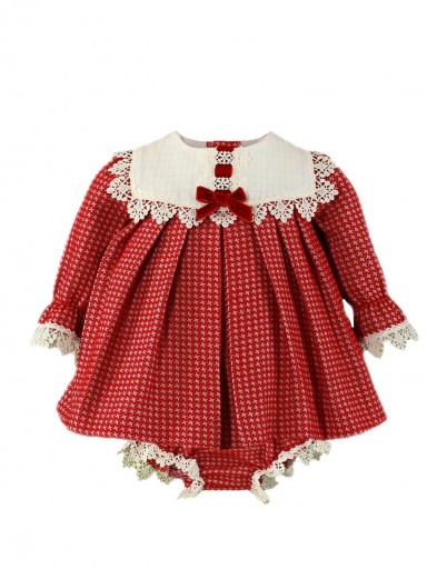 Miranda Vestido Bebé Pata de Gallo Rojo Encaje Crudo con Braguita 0036/VB