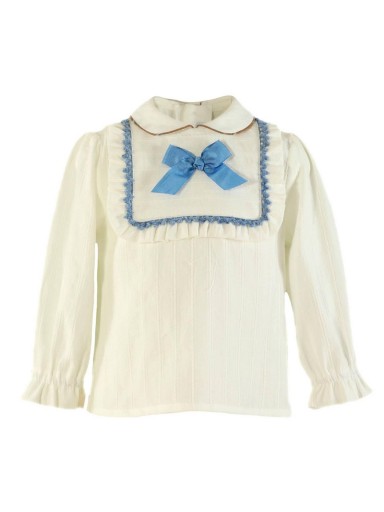 Miranda conjunto Infantil blusa blanca lazada azul  falda camel cuadros 0236/2F