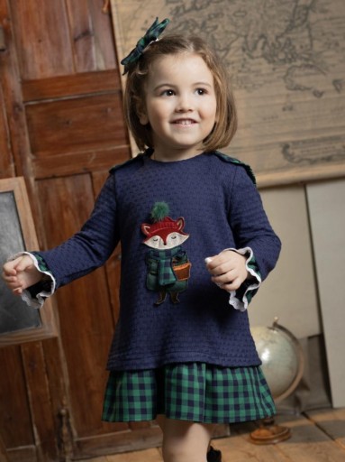 Basmarti Vestido Infantil Combinado Cuerpo Marino Zorrito Falda Cuadros "Metropolitan" 25532