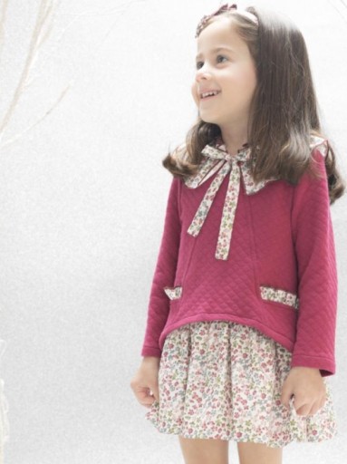 Basmarti Vestido Infantil Evasé Combinado Cuerpo Cloque Fucsia Falda Flores "Reina Sofia" 25630