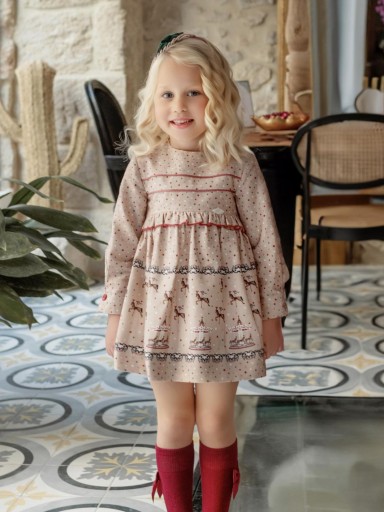 Miranda Vestido Infantil Beig Estampado Carrusel Volante Ribete Rojo "Aura" 036/0259/V [2]