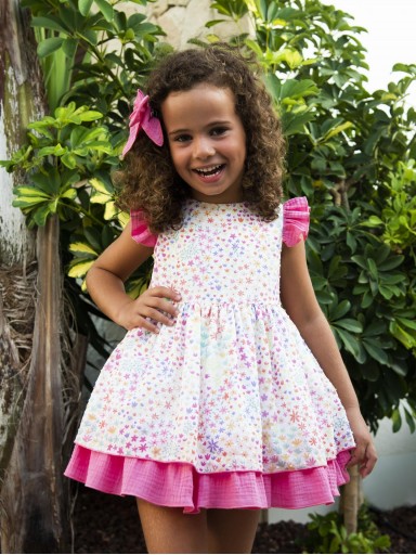 Daniesty vestido Infantil Vuelo Viena Plumeti Estampado Multicolor Florecitas Volante Fucsia Viena002