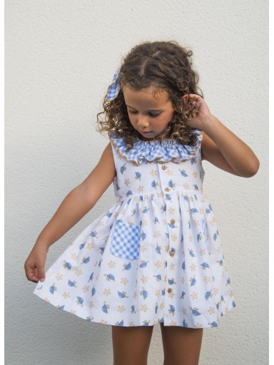 Daniesty Vestido infantil Vuelo Australia Botones Estampado Tortugas y Estrellas Cuadros Vichy Azul Australia002