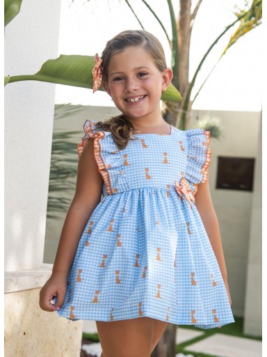 Daniesty Vestido infantil Vuelo Estampado Jirafas Cuadros Vichy Azul Lazada Volante Cuadros Naranja Africa002