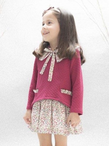 Basmarti Vestido Infantil Evasé Combinado Cuerpo Cloque Fucsia Falda Flores "Reina Sofia" 25630 [1]