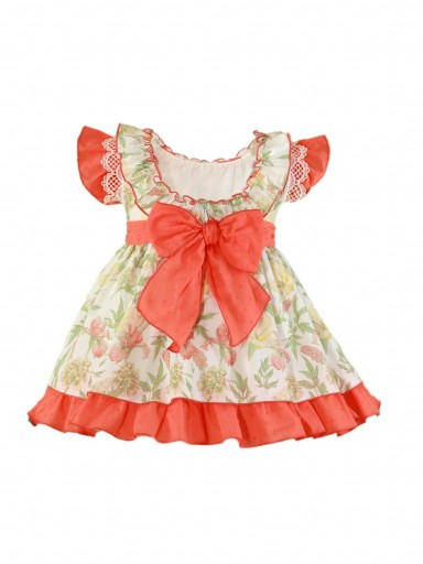 Miranda Vestido Infantil Estampado Floral Volantes Plumeti Naranja Encaje Crudo 035/0239/V [2]