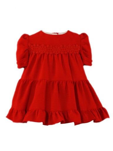 Miranda Vestido bebe Rojo Vuelo Volante Encaje Mangas Abullonadas 035/0142/V