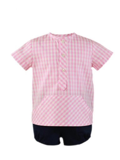 Miranda Conjunto 2 piezas niño Camisa Cuadro Vichy Rosa Pantalón Corto Marino 035/0520/23