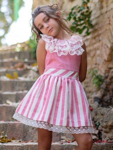 Nekenia Vestido Infantil Cucú Falda Rayas Anchas y Volantes de Tul en Escote Fucsia 24VV10