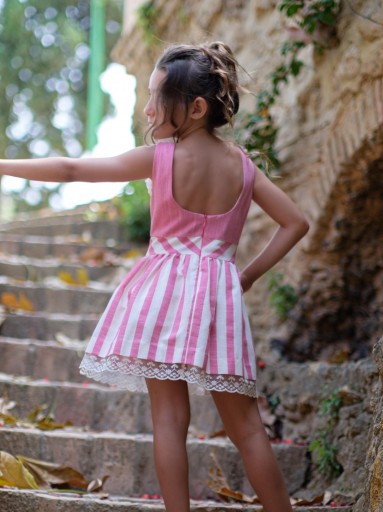 Nekenia Vestido Infantil Cucú Falda Rayas Anchas y Volantes de Tul en Escote Fucsia 24VV10 [1]