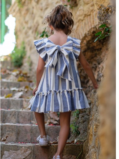 Vera by Nekenia Vestido Infantil Cucú Azulón Rayas Anchas Volantes Lazada Espalda 24VV09 [1]