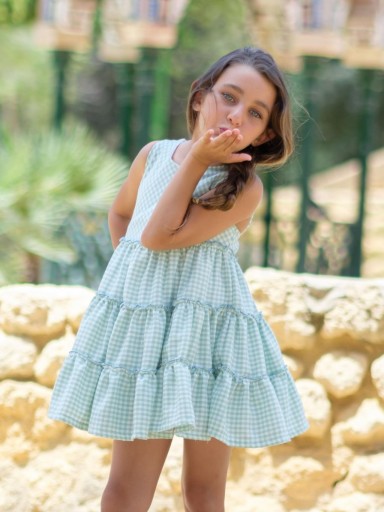 Nekenia Vestido Infantil Sapito Cuadros Tirantes en espalda Volantes Falda Verde Agua 24VV05 [0]