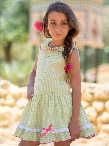 Nekenia Vestido Infantil Sapito Cuadros Vichy Pistacho Talle Bajo Volante Vivo Fucsia 24VV04
