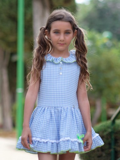 Nekenia Vestido Infantil Sapito Cuadros Vichy Azul Celeste Talle Bajo Volante Vivo Lima 24VV04