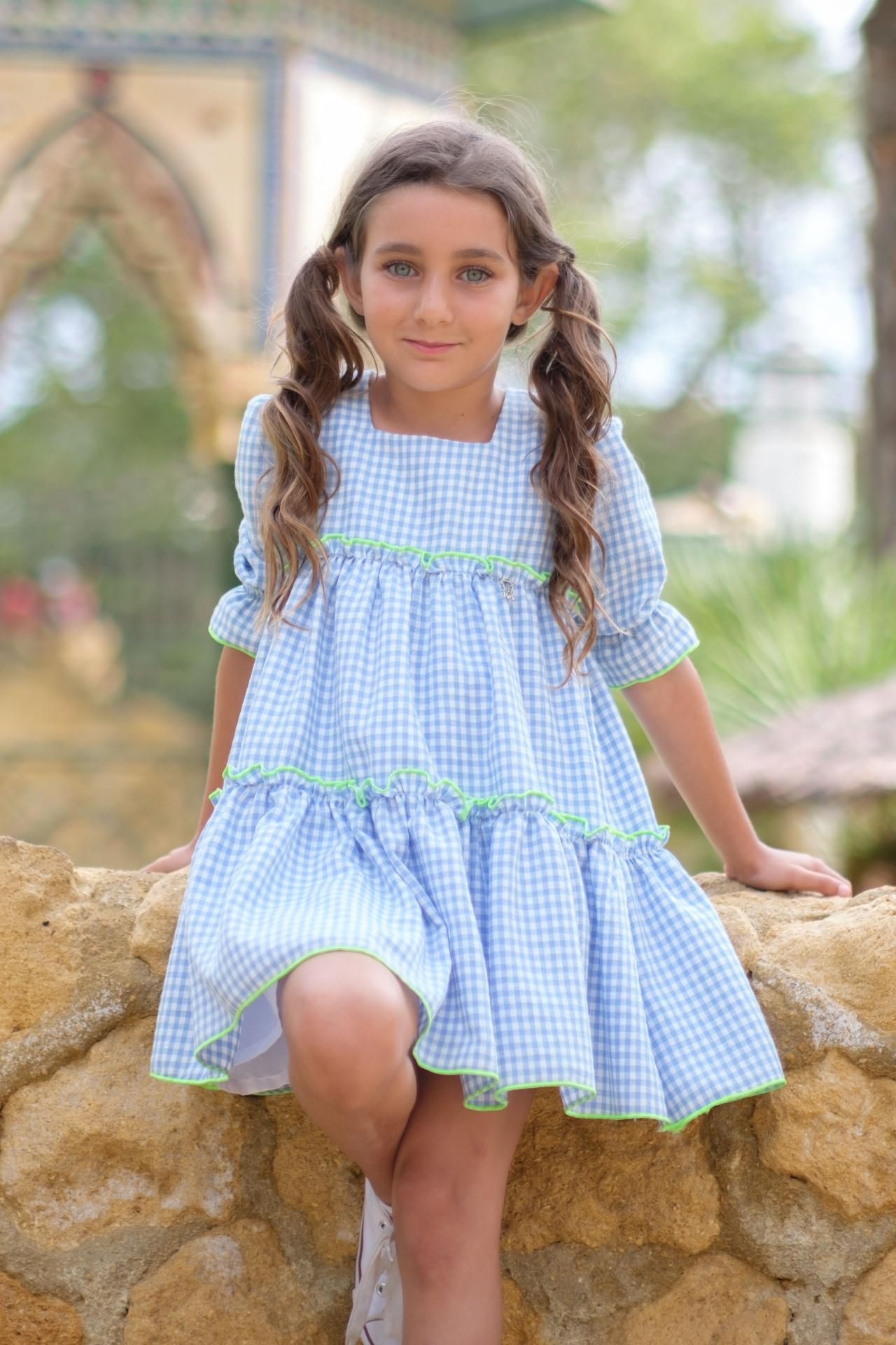 Nekenia Vestido Infantil Cuadros Vichy Manga Farol Vivo Fluor 24VV07 Azul Celeste