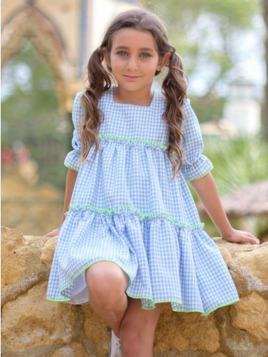 Nekenia Vestido Infantil Cuadros Vichy Manga Farol Vivo Fluor 24VV07 Azul Celeste 