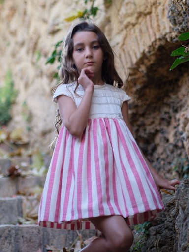 Nekenia Vestido Infantil Cuerpo Beig Falda Rayas grandes Fucsia 24VV25 [0]