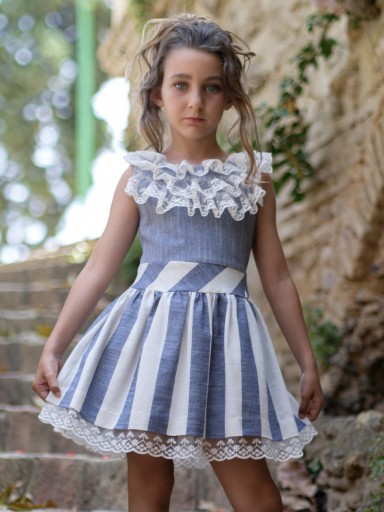 Nekenia Vestido Infantil Volantes Cuerpo Falda Rayas Azulón Escote Espalda 24VV10 [0]