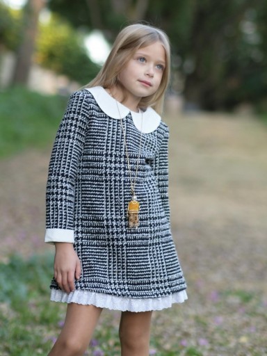  Nekenia Vestido Infantil Pata de Gallo Negro Cuello Camisero Tira bordada Blanco 2411802