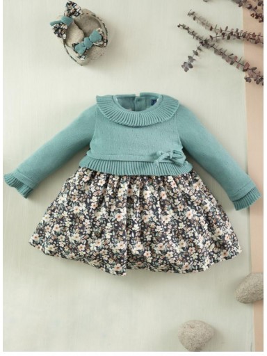 Basmarti Vestido Infantil Cuerpo Punto Verde Falda Flores Ventisca 23450