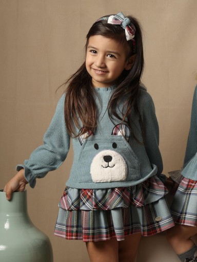 Basmarti Vestido Infantil Cuerpo Azul bolso delantero Osito falda Cuadros Pinilla 22491