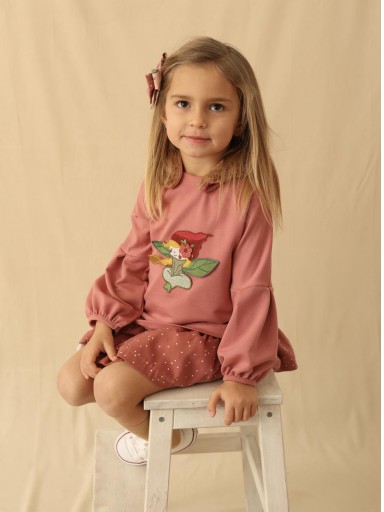 Basmarti Vestido Infantil Rosa Capucha Borreguito Desmontable Bordado Hada Verde Delantero 22522