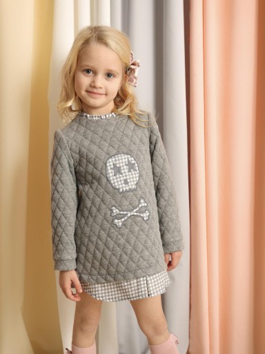 Basmarti Vestido Infantil Cloque Rombos Gris Calavera Bordado Bajo Cuadro Vichy Navacerrada 22451