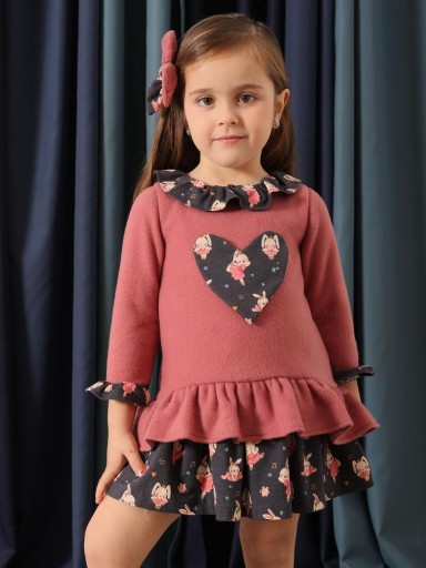 Basmarti Vestido Infantil Cuerpo Rosa Corazon Falda Gris Estampada de Conejitos Kilauea 82120