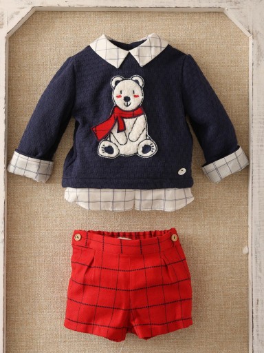 Basmarti Conjunto bebé Niño Jersey Marino Osito Pantalón Corto Rojo Cuadros Formigal 22344